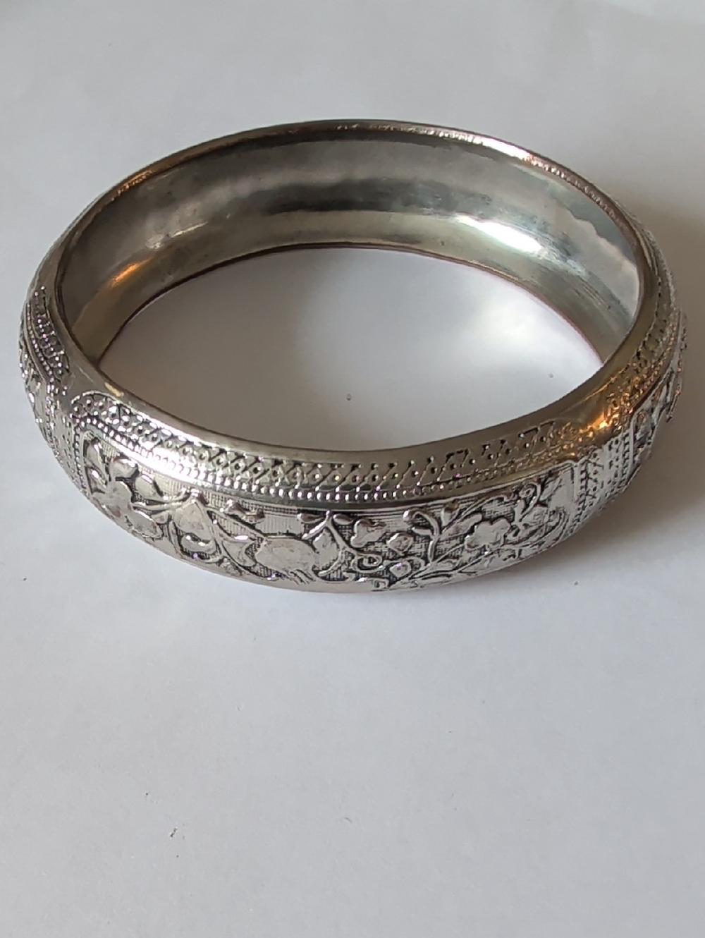 Intricate Floral Silver Tone Bangle Bracelet